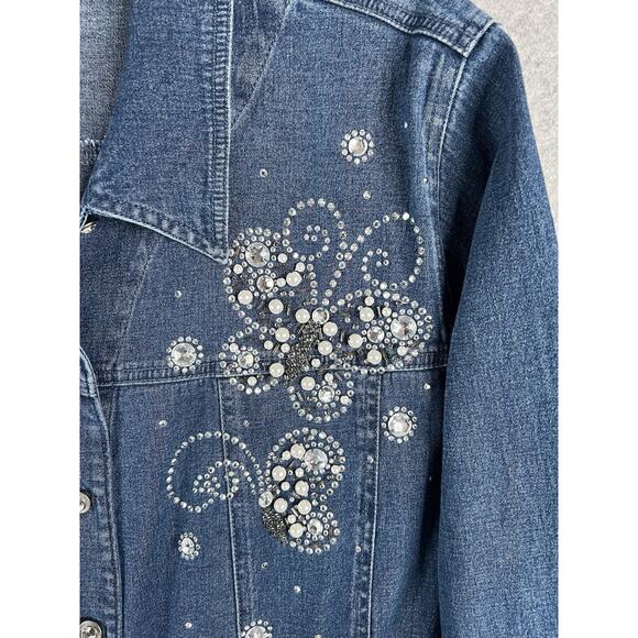 Quacker Factory Womens XL Denim Jacket Rhinestone Pearl Butterfly Embellished - Picture 3 of 16